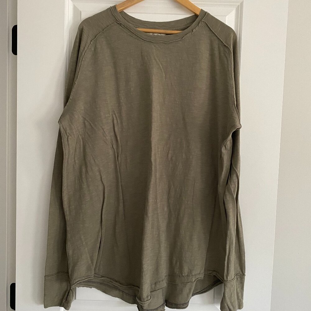We The Free Olive Long Sleeve Top - Distressed Hem Cotton Slub Tee Size L